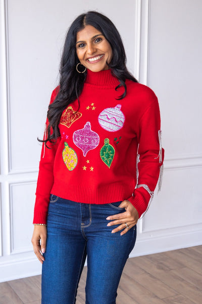 Red Ornaments Sweater with Fringe Sleeves