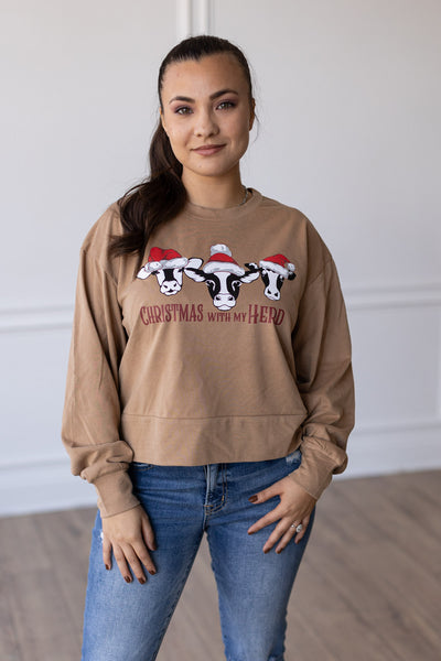 "Christmas With My Herd" on Carmel Macchiato Tan Cropped Sweatshirt