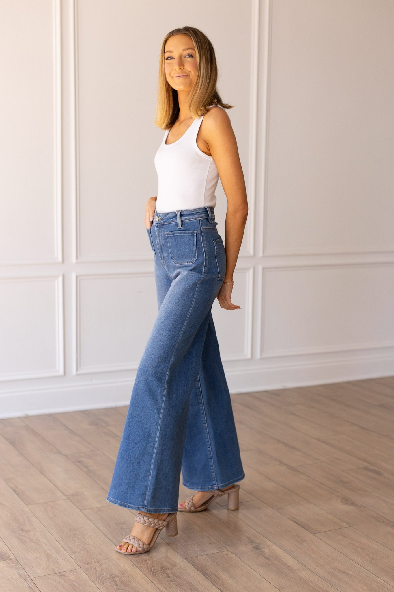 The Valentina Medium Wash Wide Leg Flare with Front Pockets