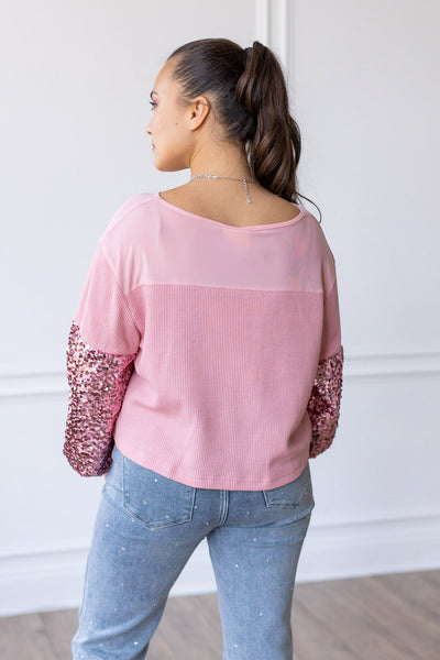 Rosy Affair Waffle Knit with Sequin Sleeves