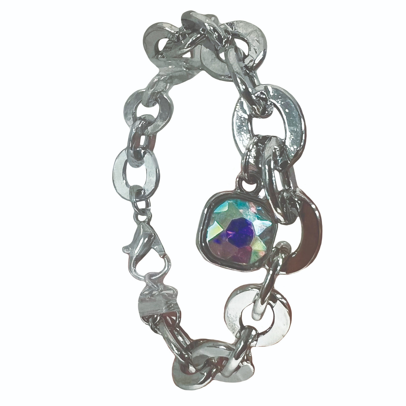 Silver Chunky Chain Bracelet with AB Charm