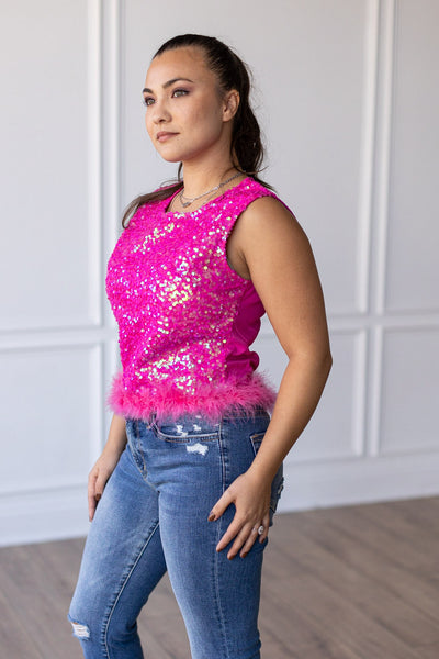 Feather or Not Sequin Crop with Feather Trim, Hot Pink