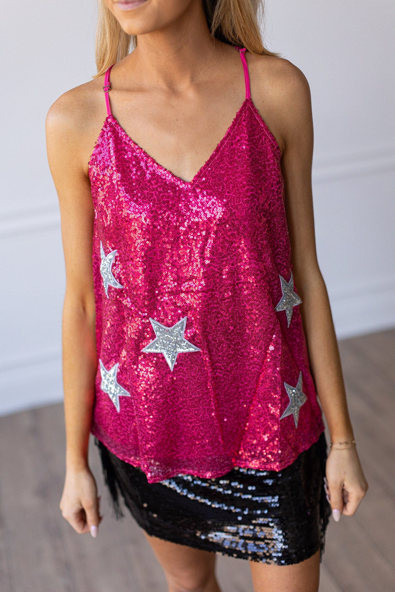 Destined To Shine Hot Pink Sequin Tank with Silver Stars