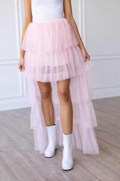 Pink Tulle Ruffled High-Low Skirt