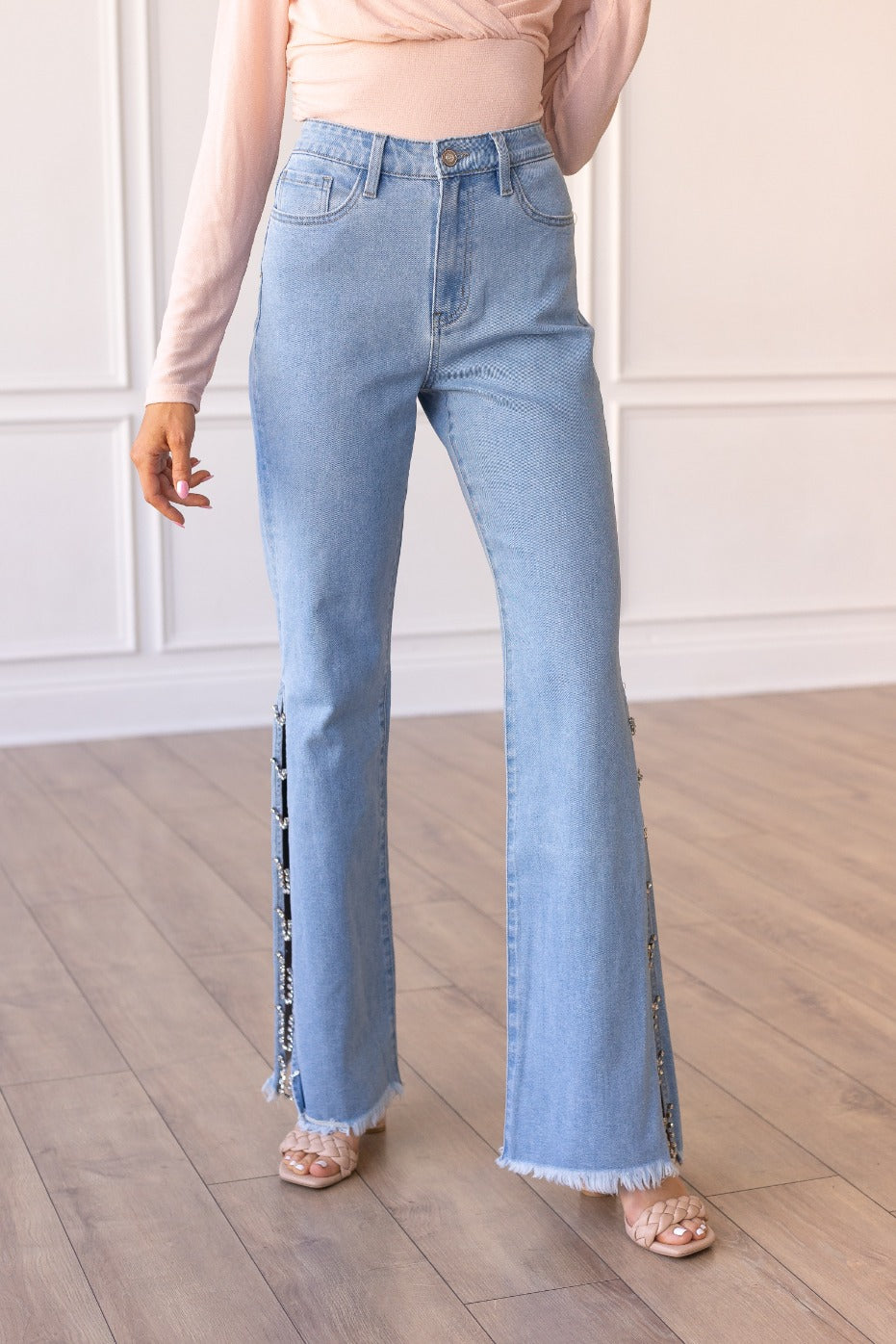 The Lara Light Wash Jeans with Crystal Chain Detail