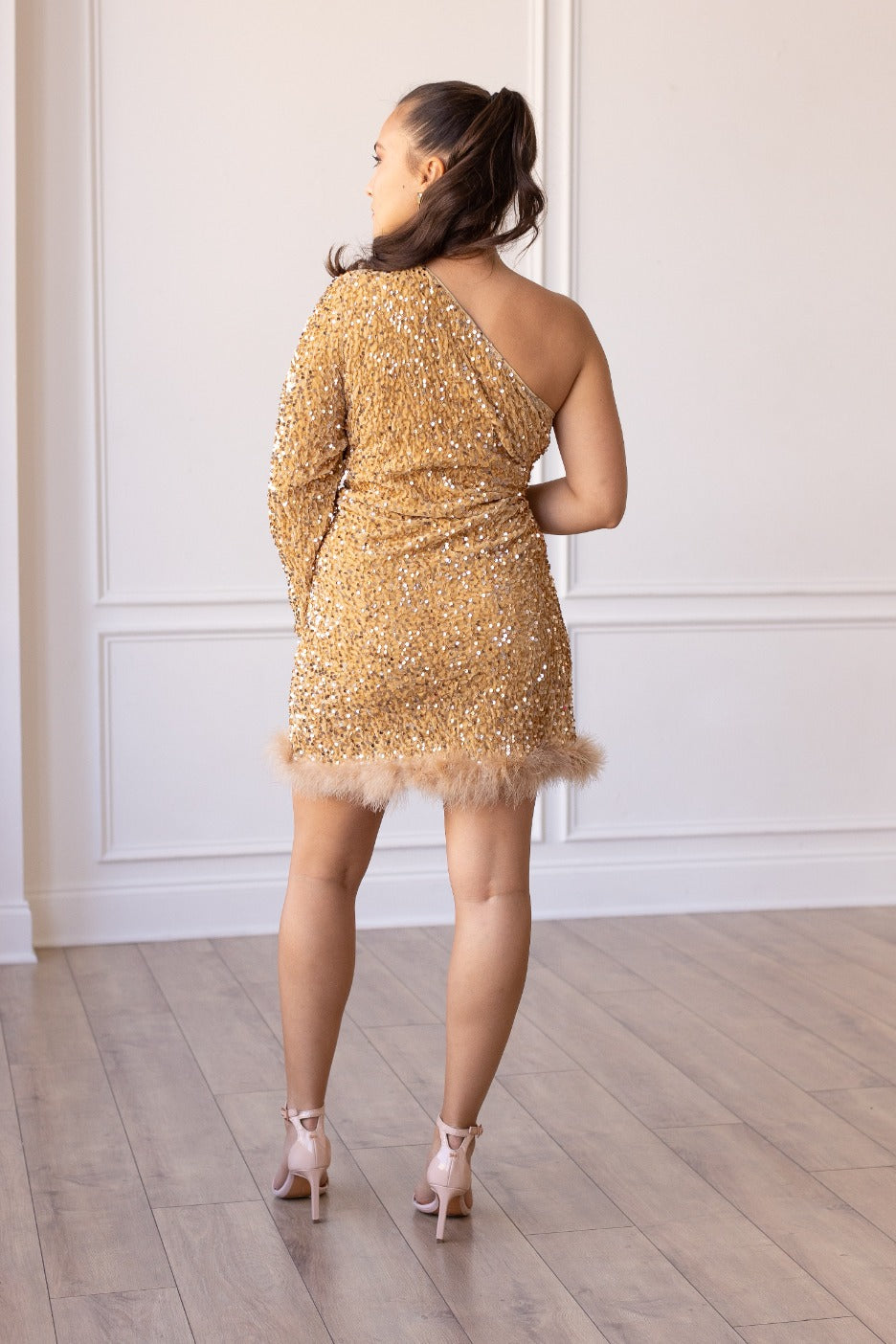Feathered Opulence Sequin Dress in Gold
