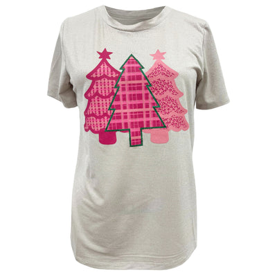 Pink Christmas Trees on Glitter Short Sleeve in Beige