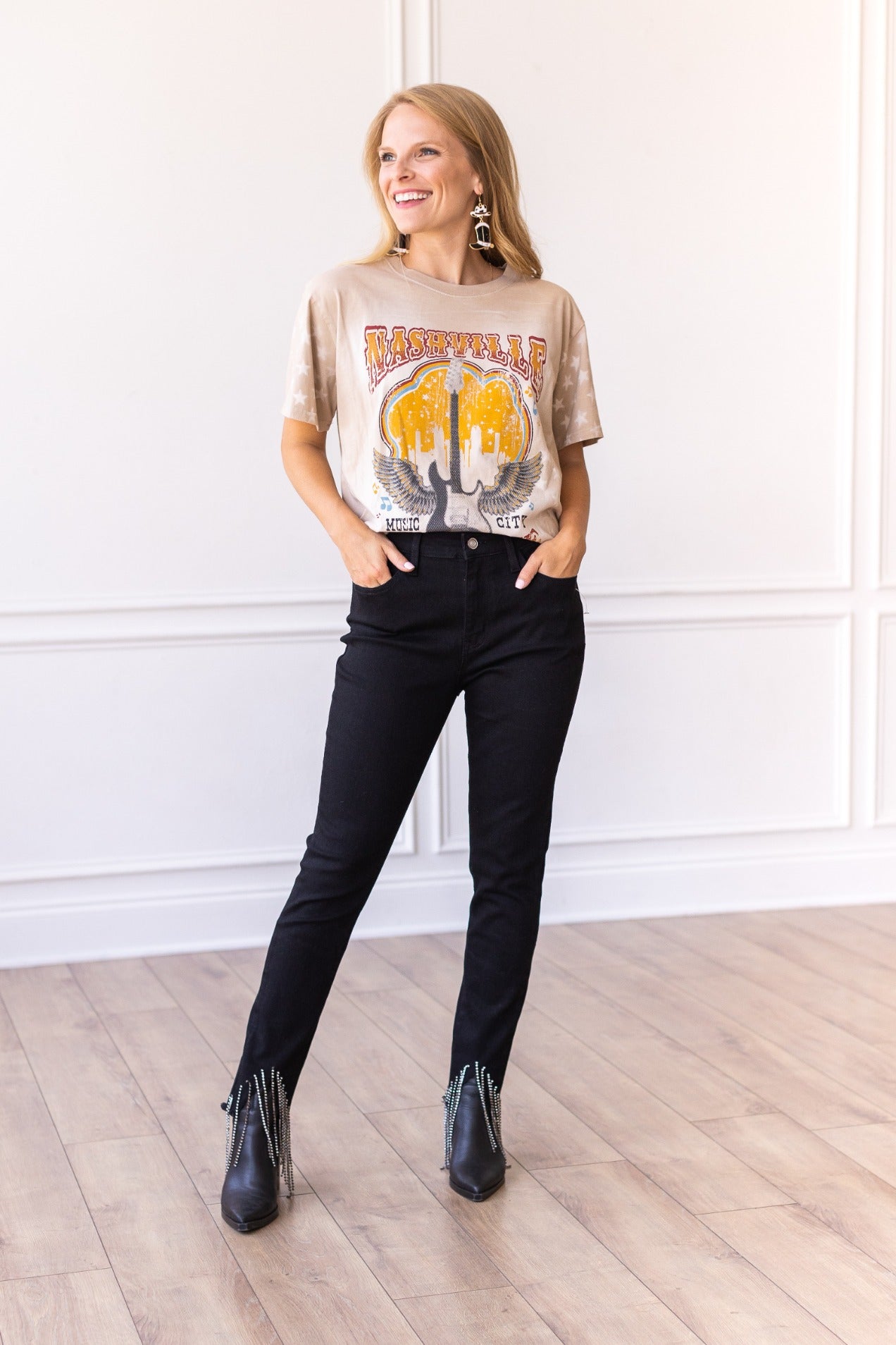 The Gemma Black Skinny Jeans with Rhinestone Fringe Detail
