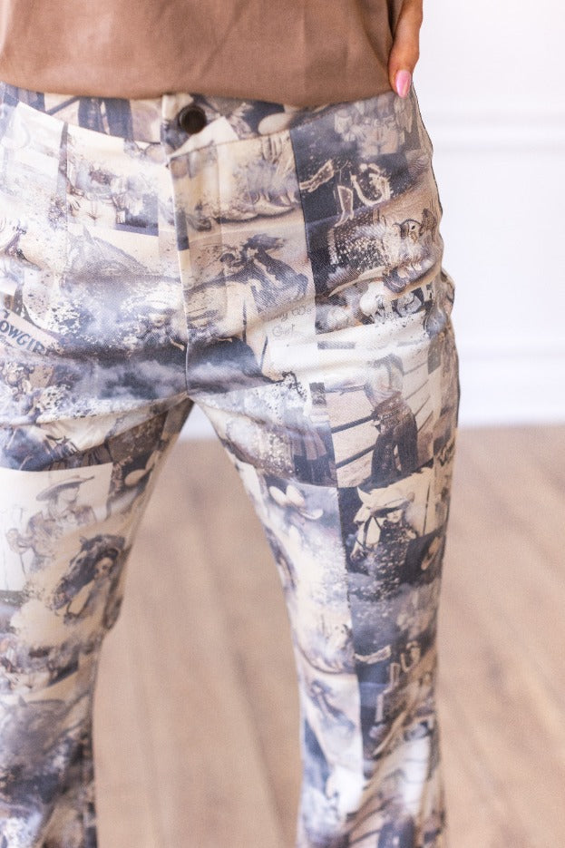 Western Print Flare Leg Pants