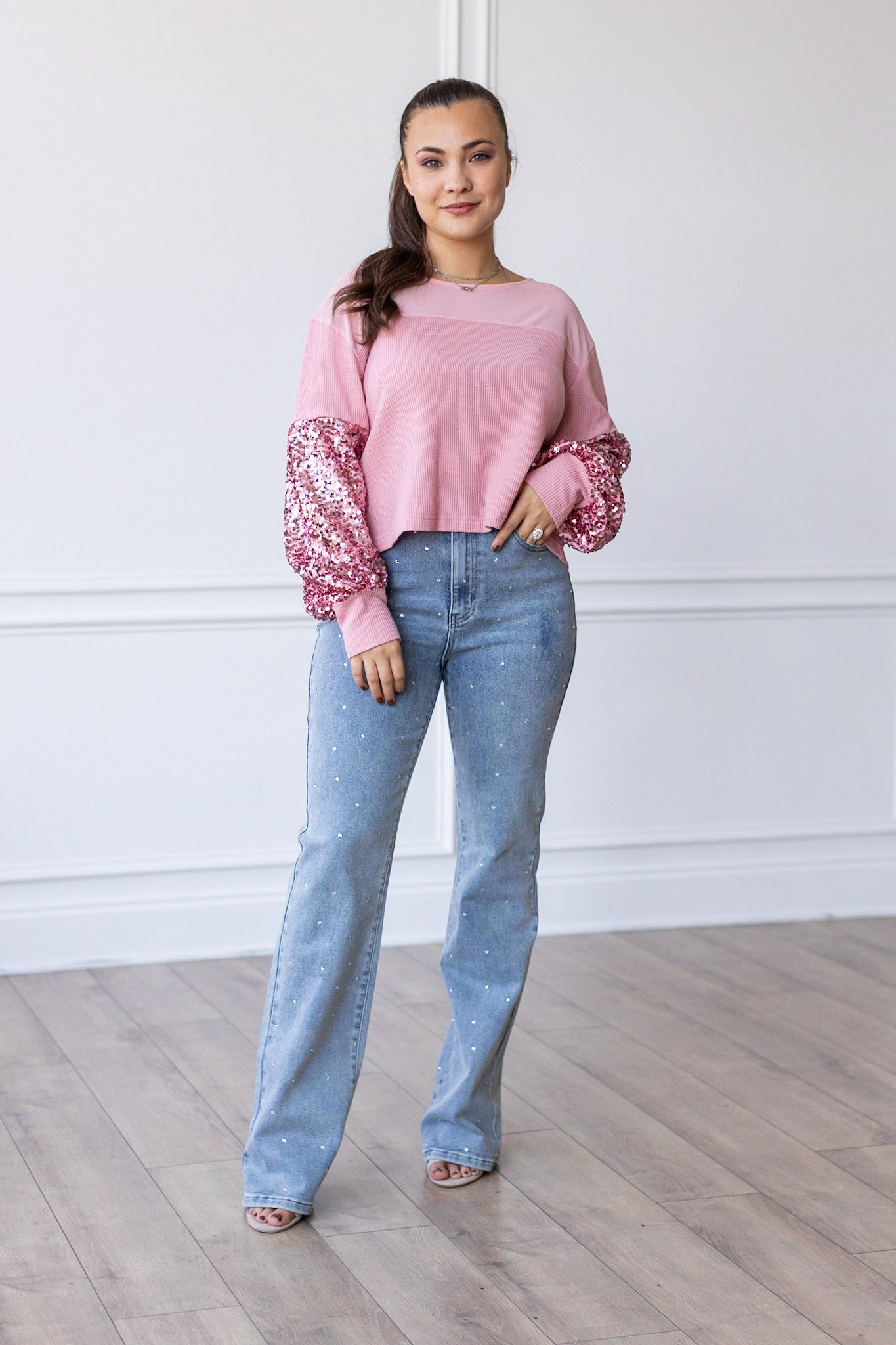 Rosy Affair Waffle Knit with Sequin Sleeves