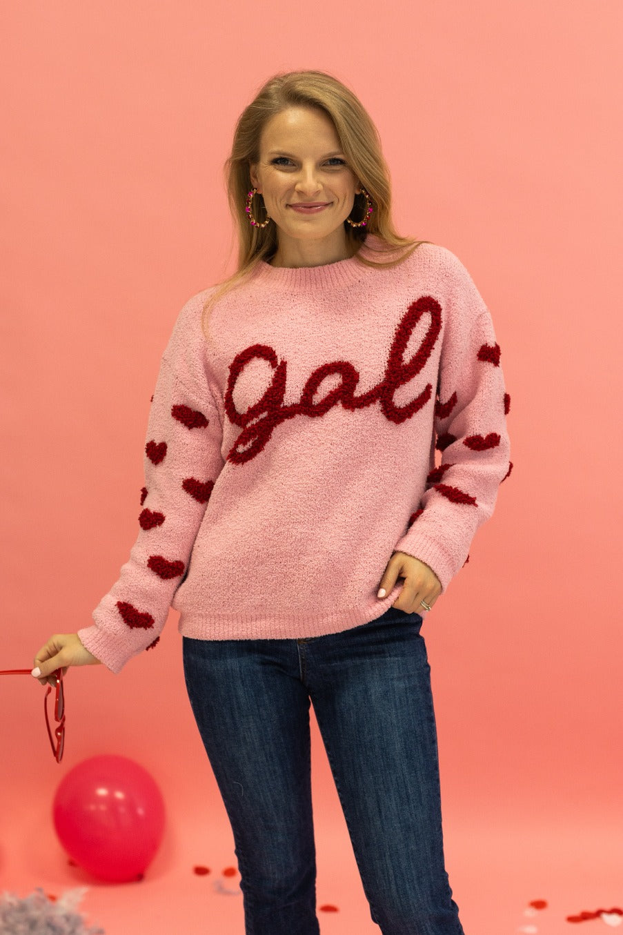 Gal on Pink Fuzzy Sweater