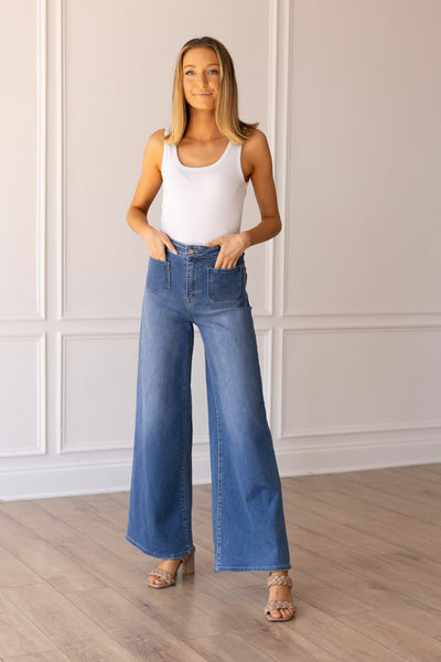 The Valentina Medium Wash Wide Leg Flare with Front Pockets