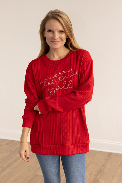 "Merry Christmas Y'all" on Red Knit Sweater