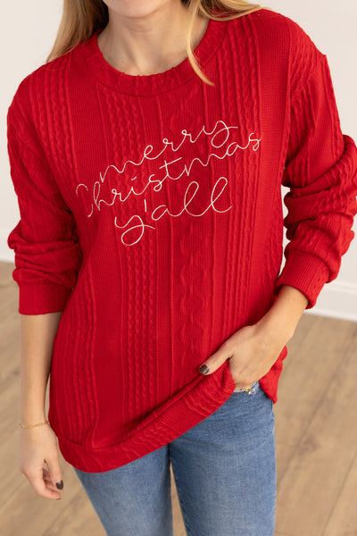 "Merry Christmas Y'all" on Red Knit Sweater