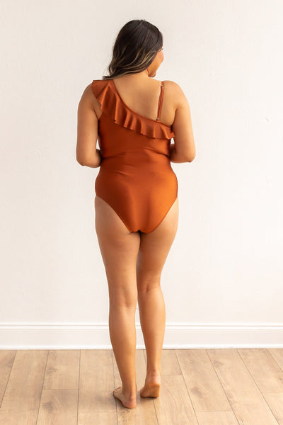 The Serena Rust Off The Shoulder One Piece With Ruffle