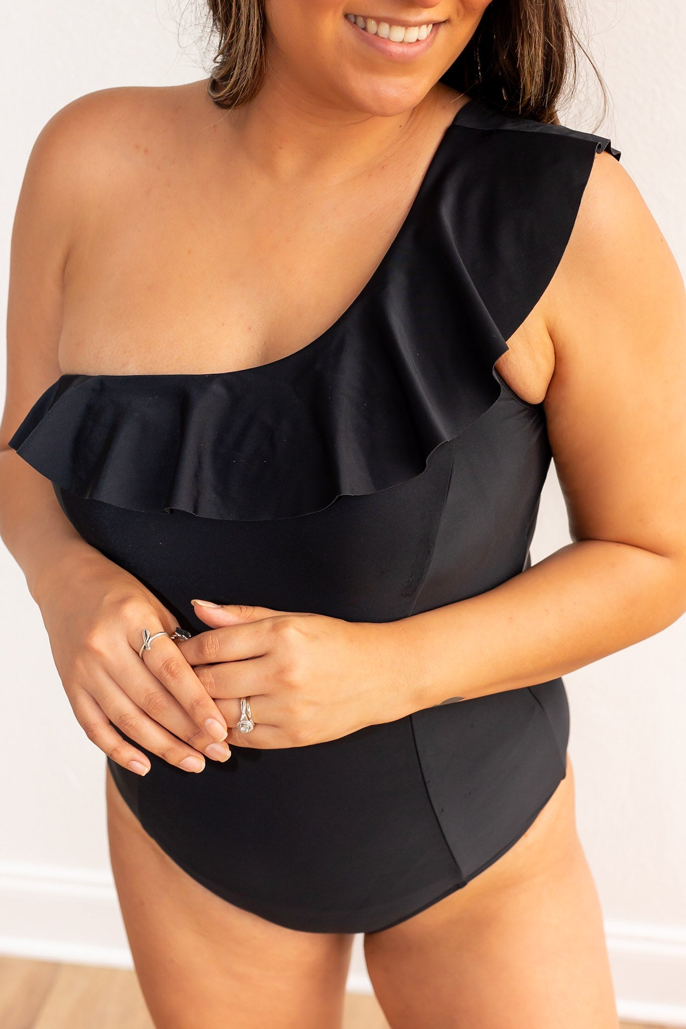 The Sophia Black One Shoulder One Piece with Ruffle