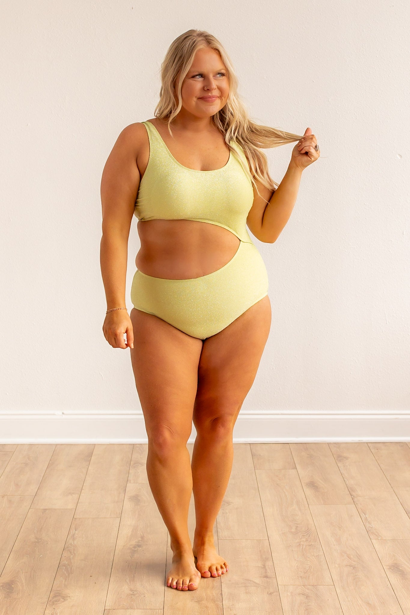 Green Shimmer Side Cut One Piece Swim