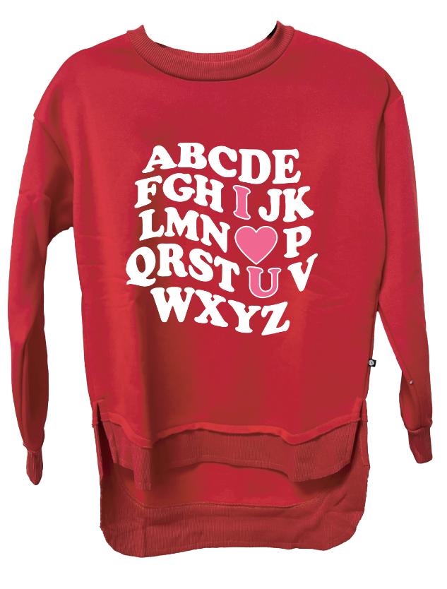 I Love You on Red French Terry Sweatshirt With Ribbed Knit