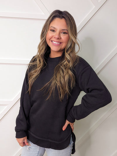 Black French Terry Sweatshirt With Ribbed Knit