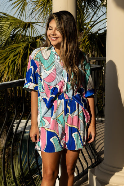 Tropical Hues Pleated Button-Up