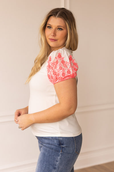 White Top With Pink Eyelet Sleeves