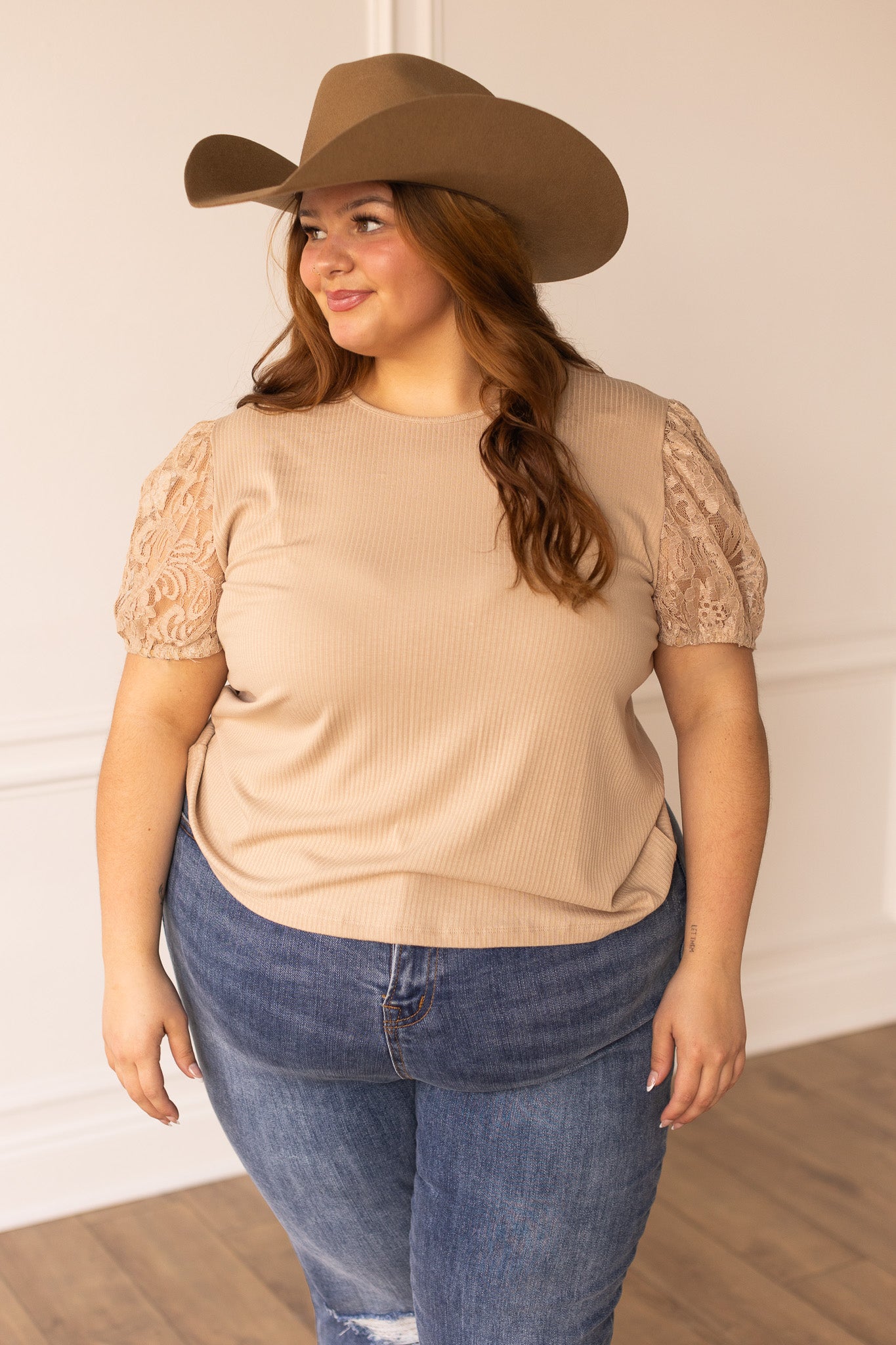 Tan Ribbed Tee With Lace Puff Sleeve
