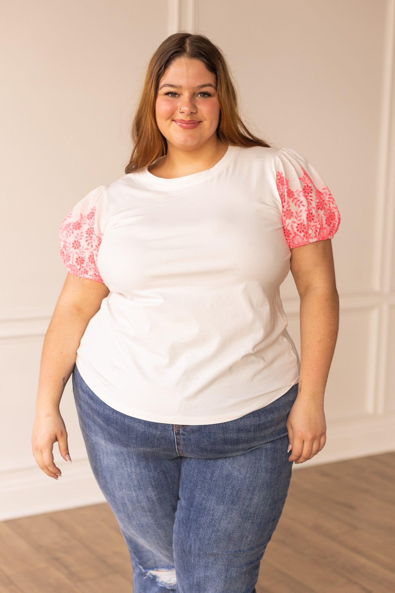 White Top With Pink Eyelet Sleeves