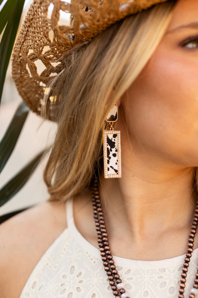 Rectangle Pendant Earrings, Cowhide