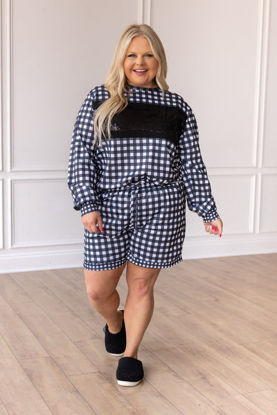 Stylin in Gingham Loungewear Set with Shorts and Sequins