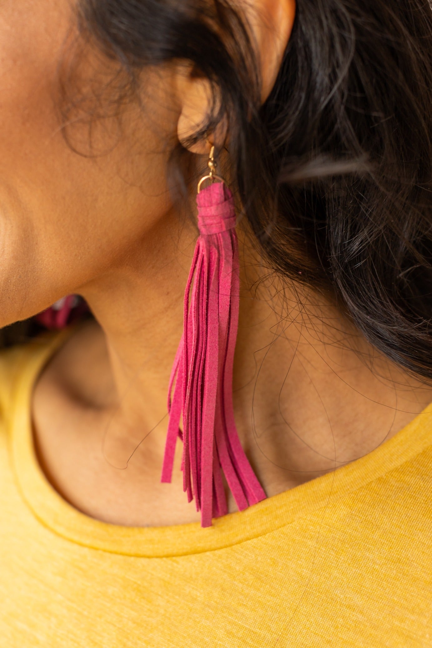 Life is Better in Cowboy Boots Pink Suede Fringe Earrings