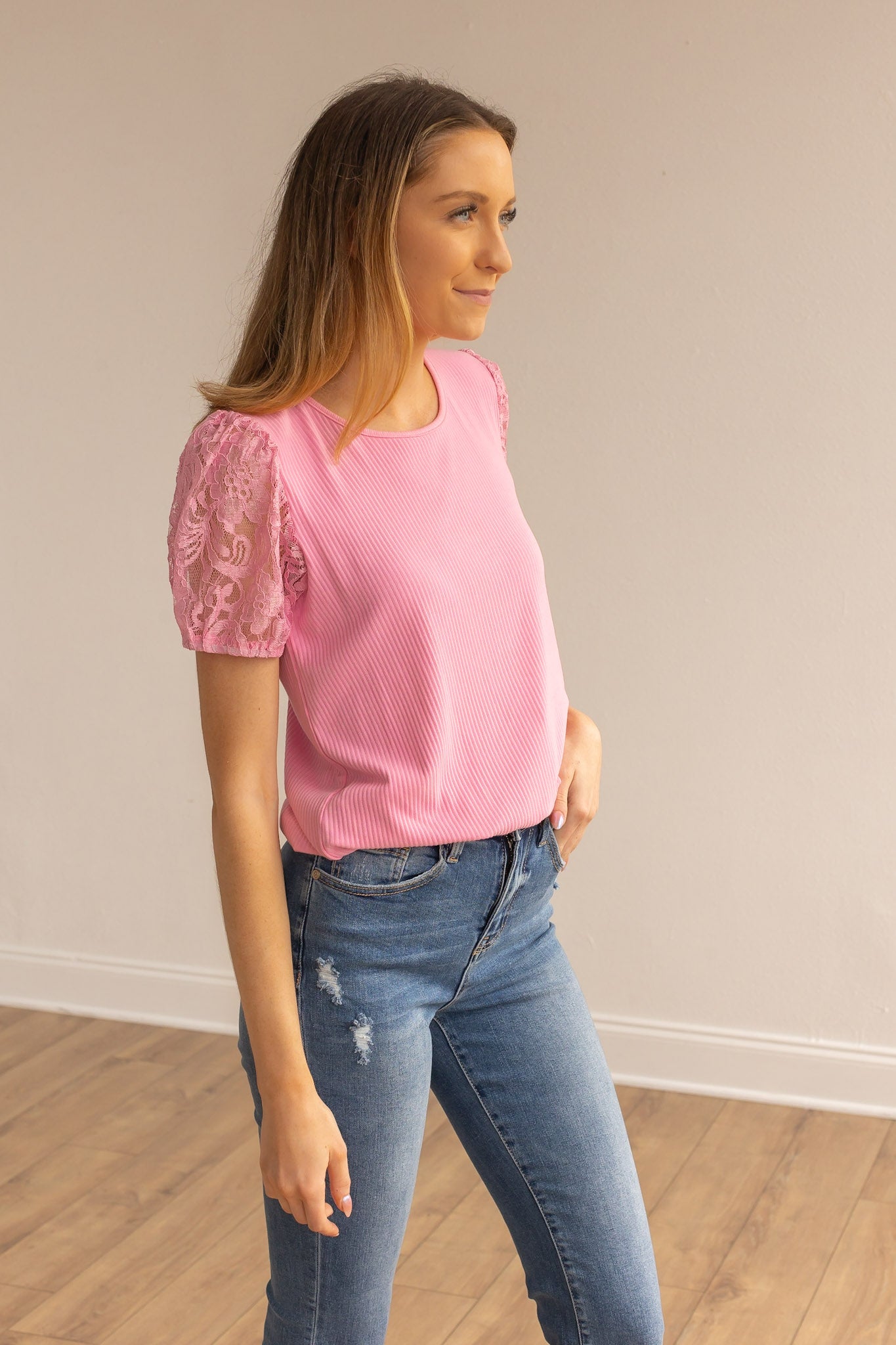 Pink Ribbed Tee With Lace Puff Sleeve