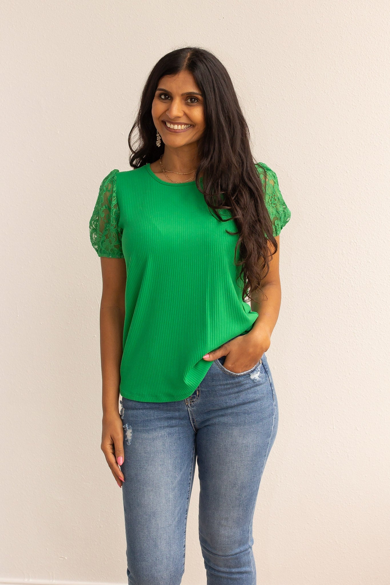 Green Ribbed Tee With Lace Puff Sleeve.