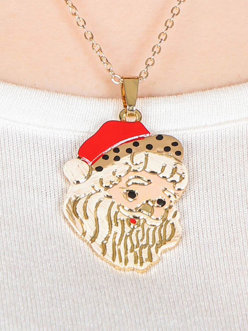 Simple Santa Claus with Leopard Santa Hat Necklace, Gold