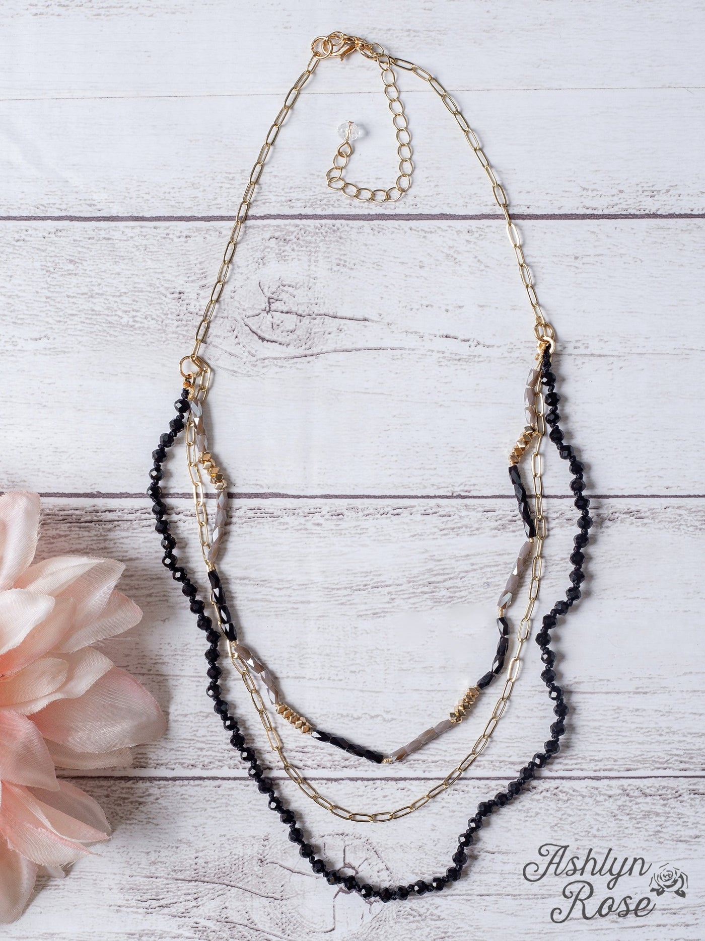 New York City Nights Black Crystal Layered Gold Linked Chain Necklace