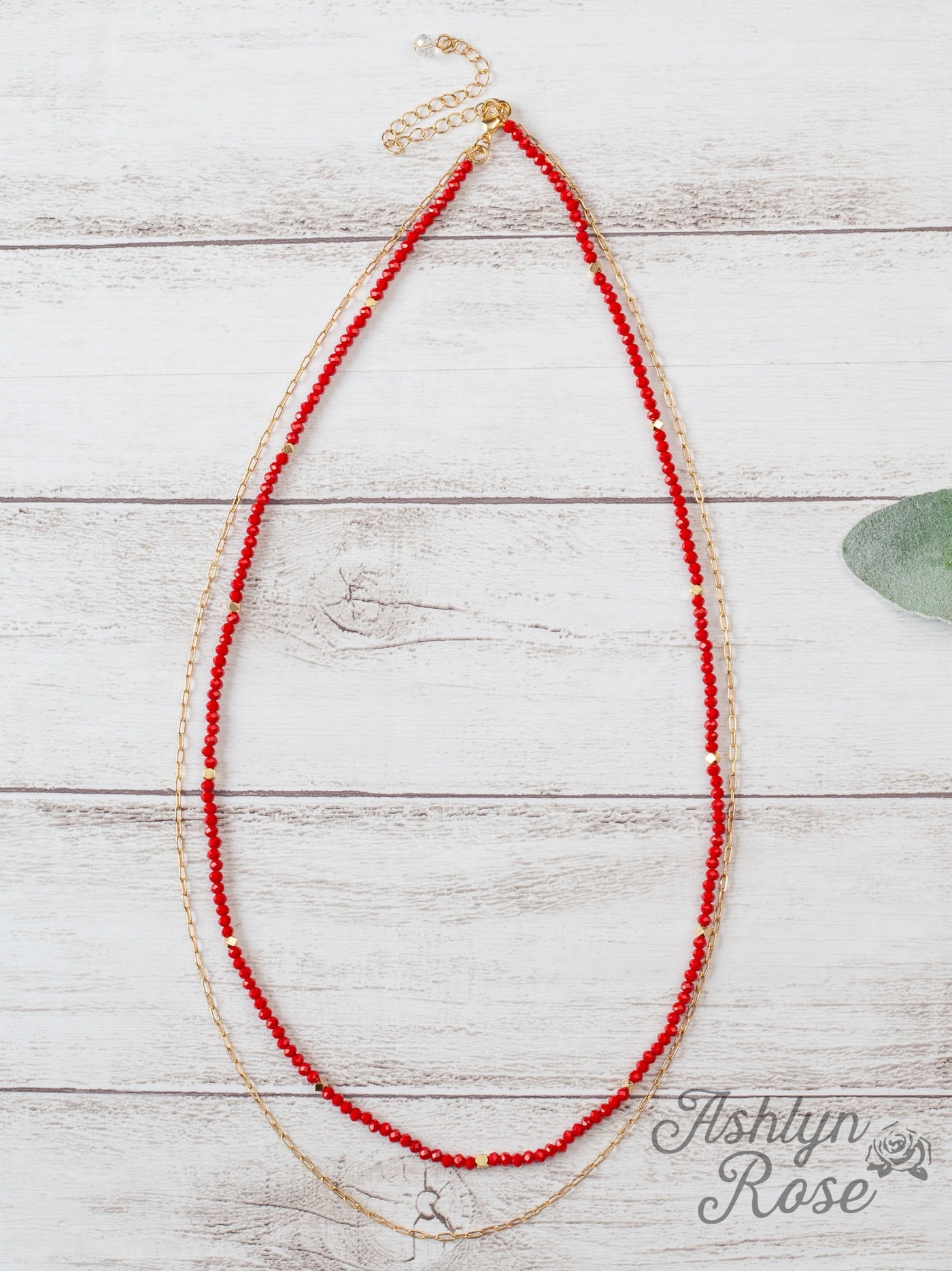 Glitz, Glam, Simple Strands Double Beaded Red Necklace with A Gold Chain