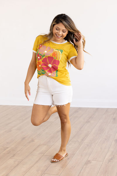 Floral Short Sleeves T-Shirt, White And Mustard