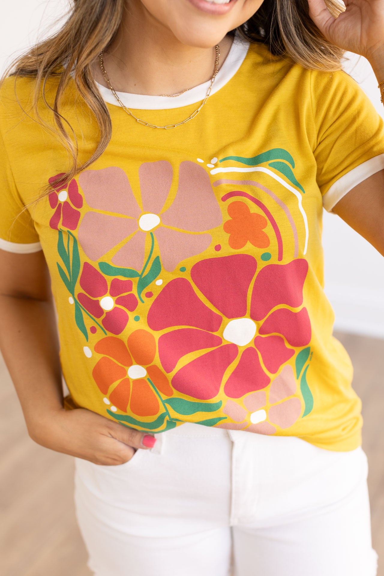 Floral Short Sleeves T-Shirt, White And Mustard
