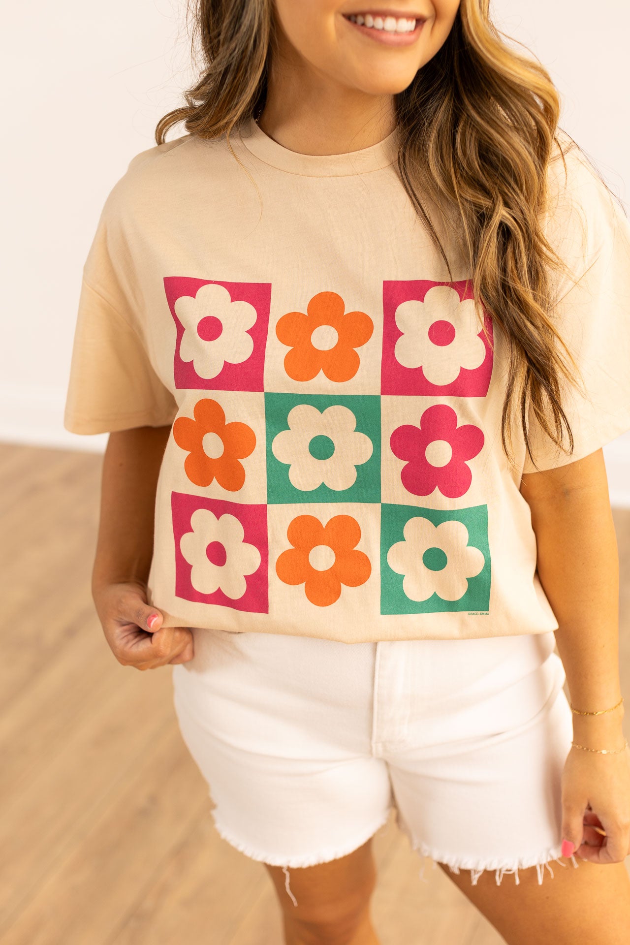 Checkered Floral Oversized Tee, Beige