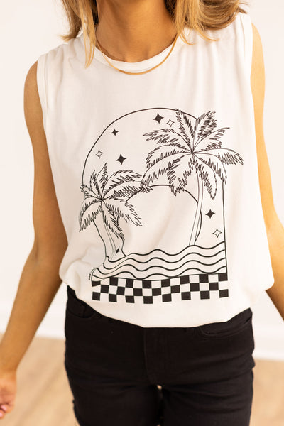 Checkered Palm Tree on White Tank