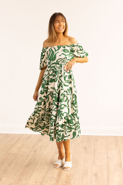 The Elizabeth Green & Ivory Puff Sleeve Dress
