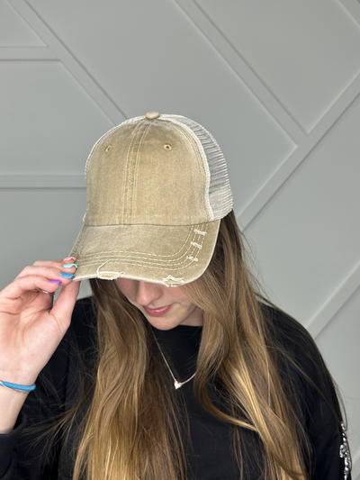 Tan Distressed Hat with Ivory Mesh