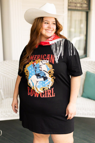 'American Cowgirl' on Black T-Shirt Dress