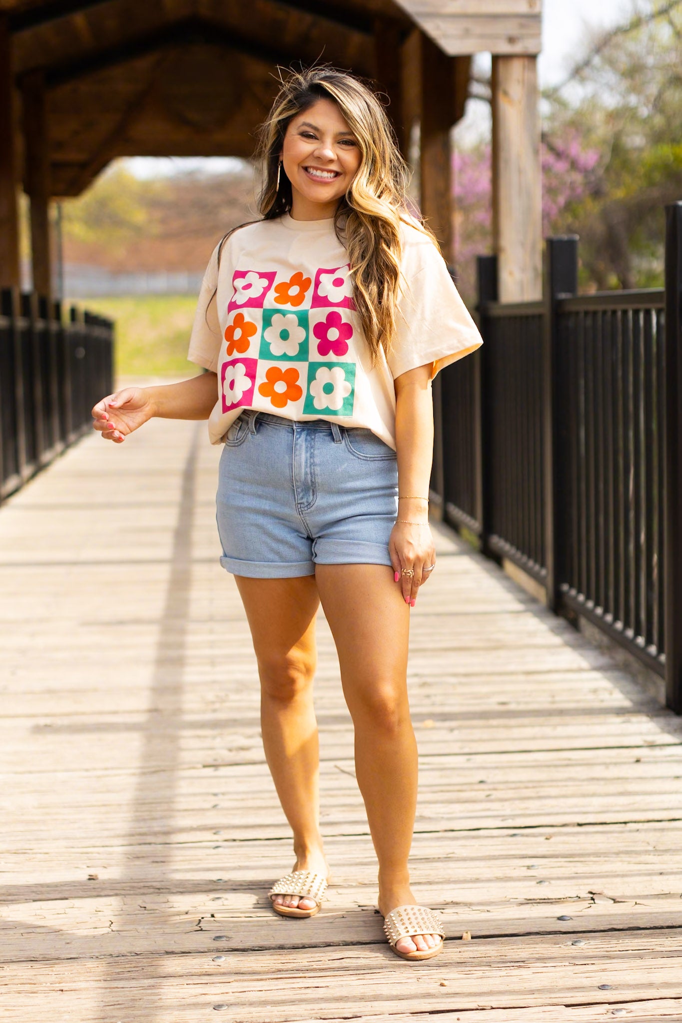 Checkered Floral Oversized Tee, Beige