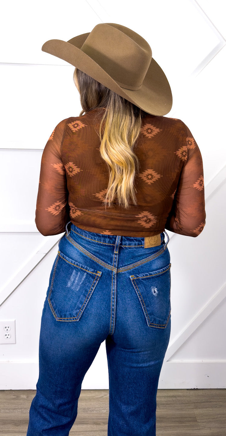 Southwestern Aztec Mesh Top, Brown