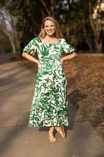 Elizabeth Midi Dress, Green & Ivory