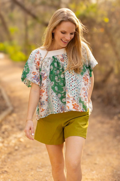 The Rosemary Ivory & Green Square Neck Puff Blouse