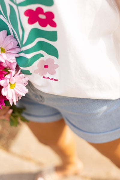 Flowers on White Blank Tee Shirt