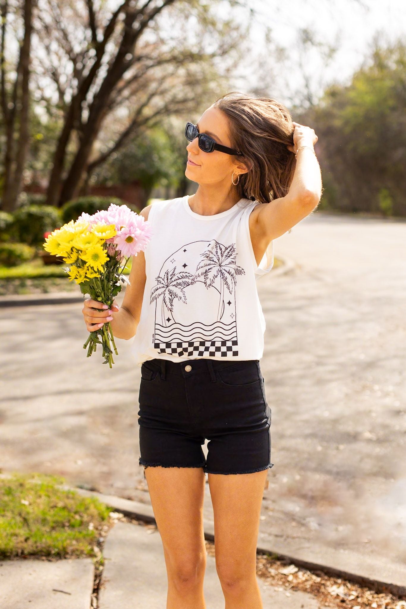 Checkered Palm Tree on White Tank