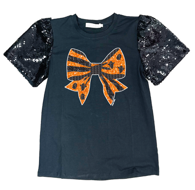 Halloween Bow on Black Top With Sequins Puff Sleeve