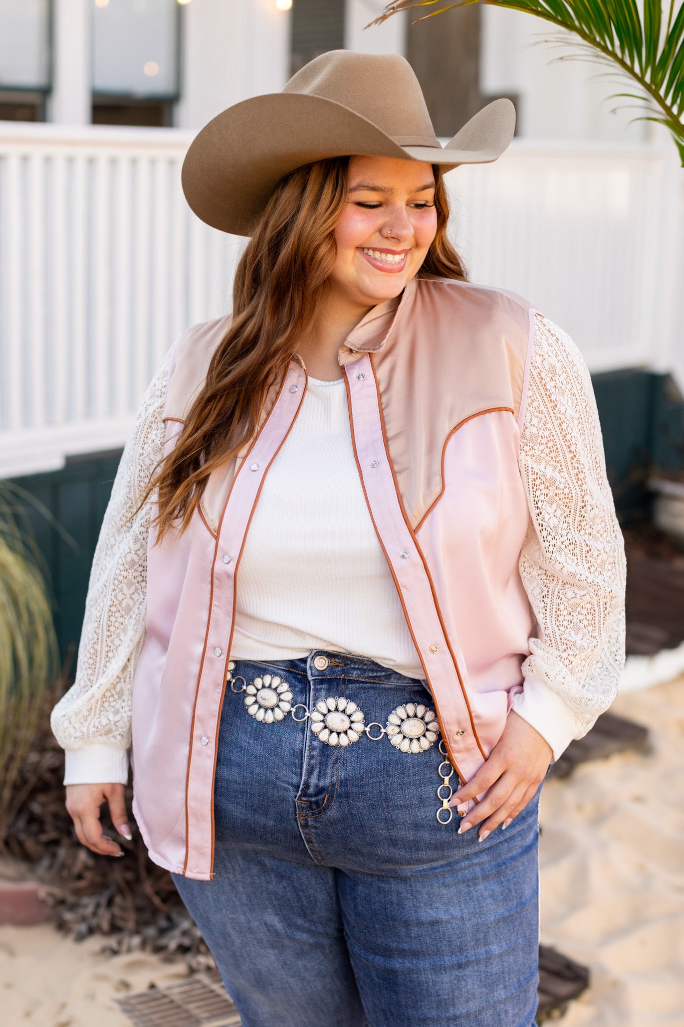 Sleeveless Satin Western Fringe Top, White - styled look
